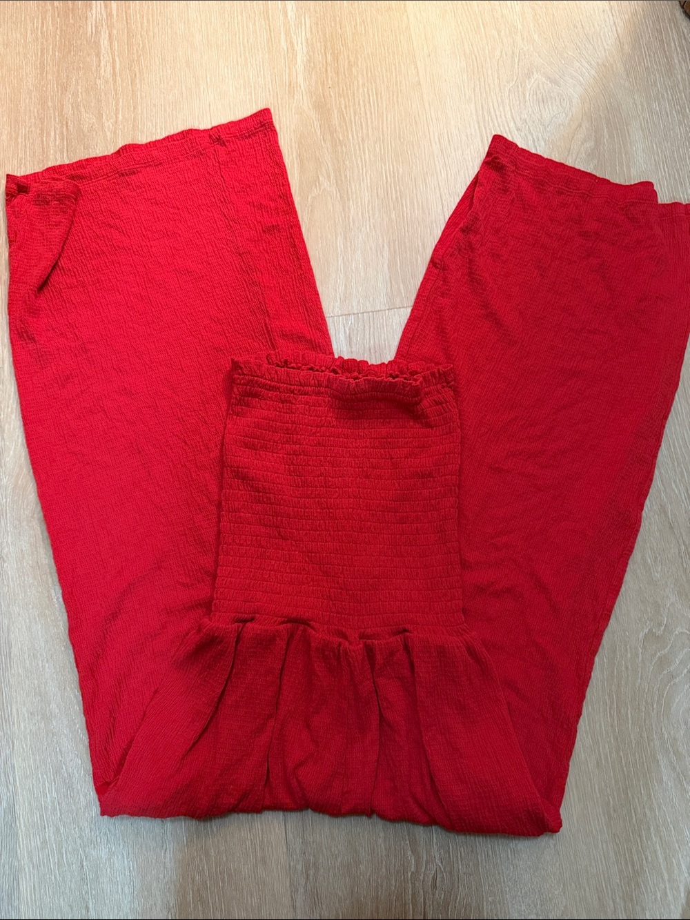 Love Tree Red Smocked Wide-Leg Jumpsuit